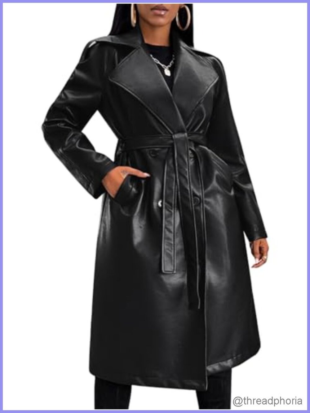Faux Leather Jacket Long Trench Coat Button Lined Open Front Belt Motorcycle